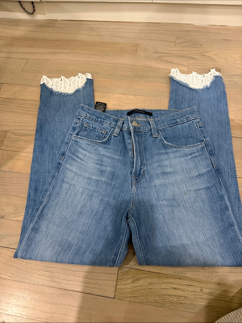 J Brand Blue Cropped Ruby Jeans with Lace Hem